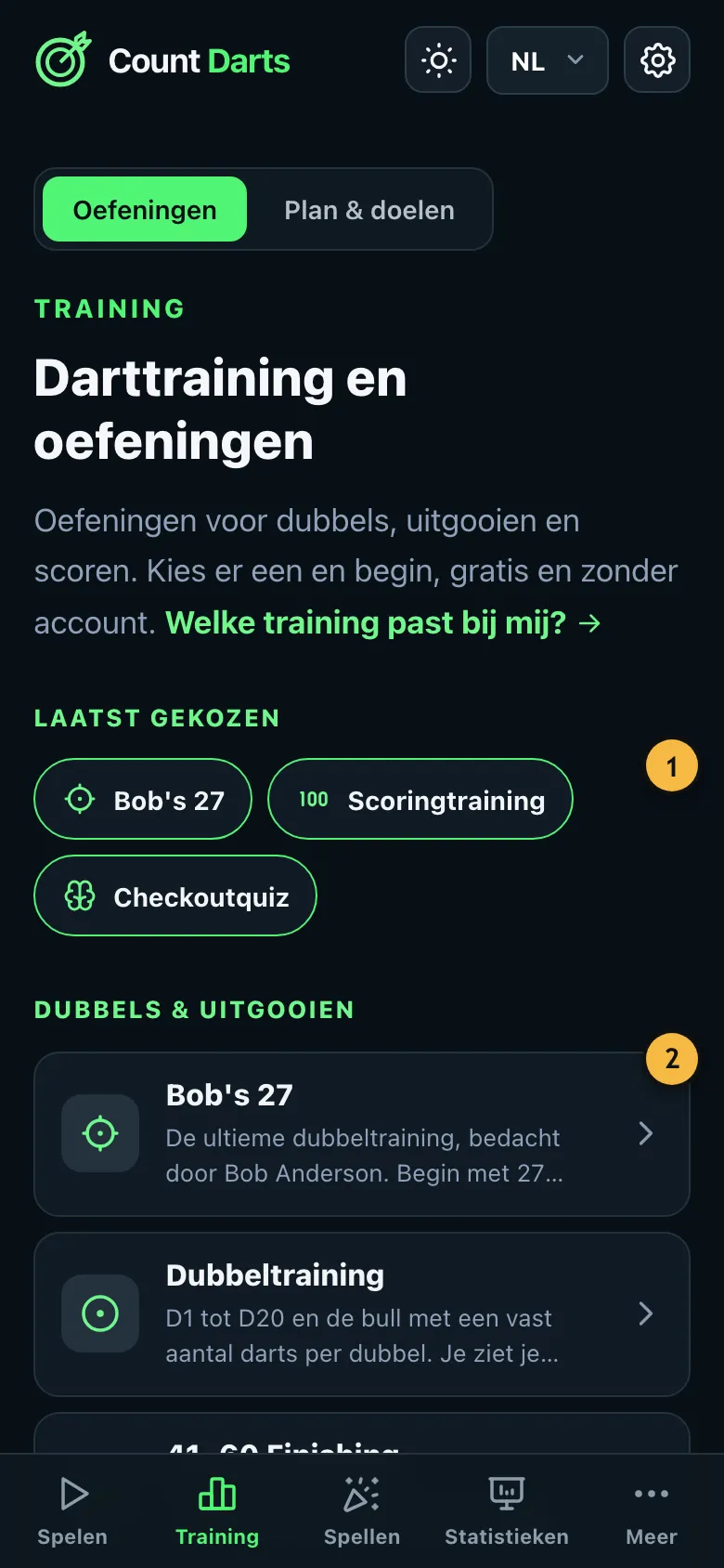 Trainingsoverzicht met de groepen dubbels en uitgooien en uitgooiroutes leren
