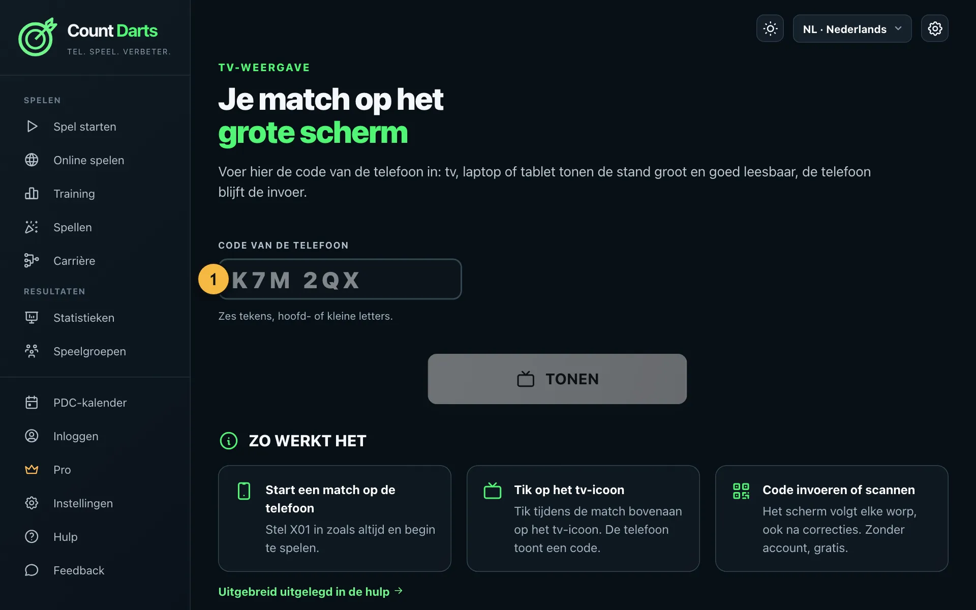 Pagina van de tv-weergave met het veld voor de code van de telefoon