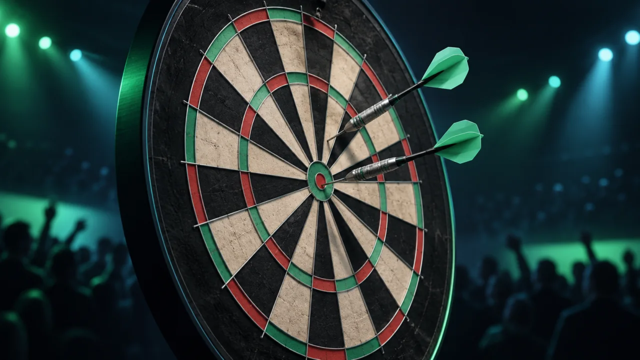 Illustration of a dartboard with two darts in front of an audience lit in green and turquoise.